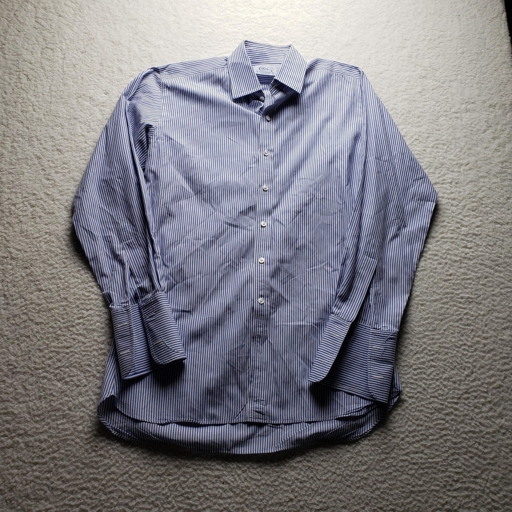 Coles Shirtmakers Dress Shirt Mens 18 34/35 Blue Stripe Regular French Cuff LS